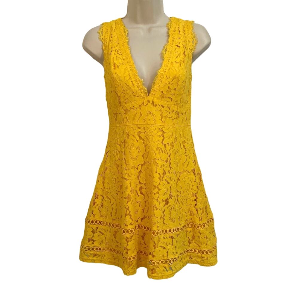 Fab'rik Sunny Yellow Lace Dress, V neck, Short, Sleeveless, Ladies Size Small